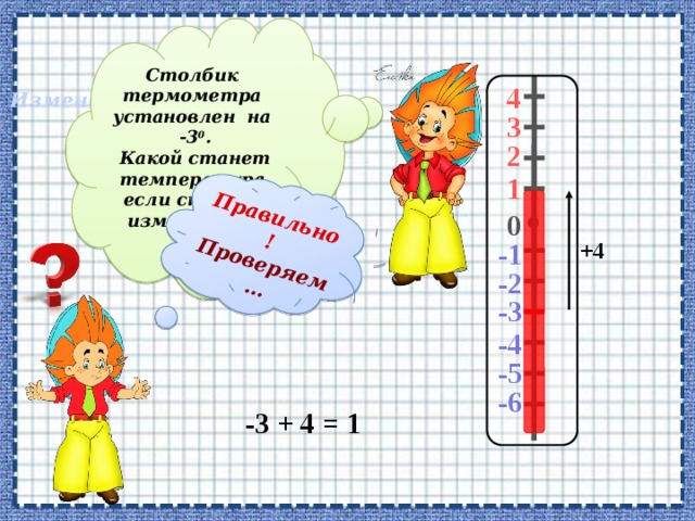 Правильно! Проверяем…  Столбик термометра установлен на -3 0 . Какой станет температура, если столбик изменить на +4 0 ? Изменение температуры 4 3 2 1 0 +4 -1 -2 -3 -4 -5 -6 -3 + 4 = 1