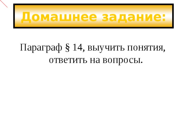 Домашнее задание: Параграф §  14, выучить понятия, ответить на вопросы. 