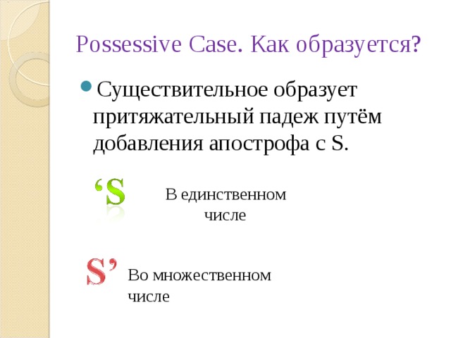 Possessive Case. Как образуется? Существительное образует притяжательный падеж путём добавления апострофа с S. В единственном числе Во множественном числе 