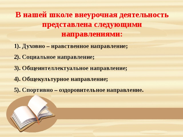 В нашей школе внеурочная деятельность представлена следующими направлениями: 1). Духовно – нравственное направление; 2). Социальное направление; 3). Общеинтеллектуальное направление; 4). Общекультурное направление; 5). Спортивно – оздоровительное направление. 