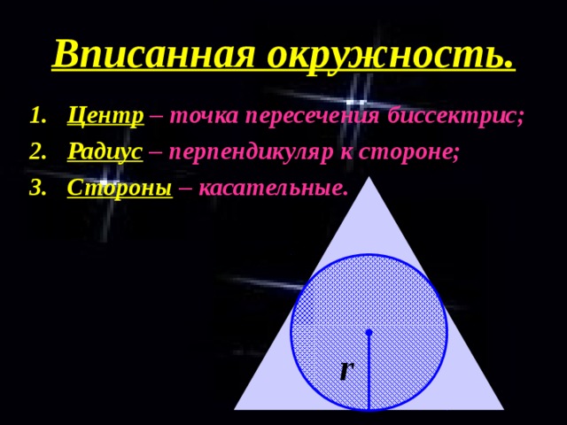 Вписанная окружность. Центр  – точка пересечения биссектрис; Радиус  – перпендикуляр к стороне; Стороны  – касательные.   r 