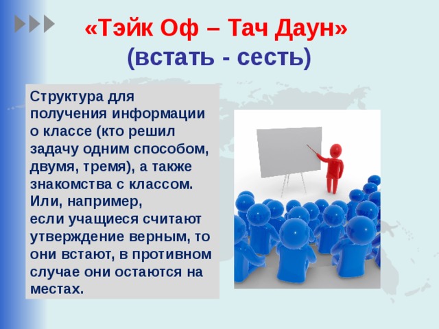 «Тэйк Оф – Тач Даун»    (встать - сесть) Структура для получения информации о классе (кто решил задачу одним способом, двумя, тремя), а также знакомства с классом. Или, например, если учащиеся считают утверждение верным, то они встают, в противном случае они остаются на местах.