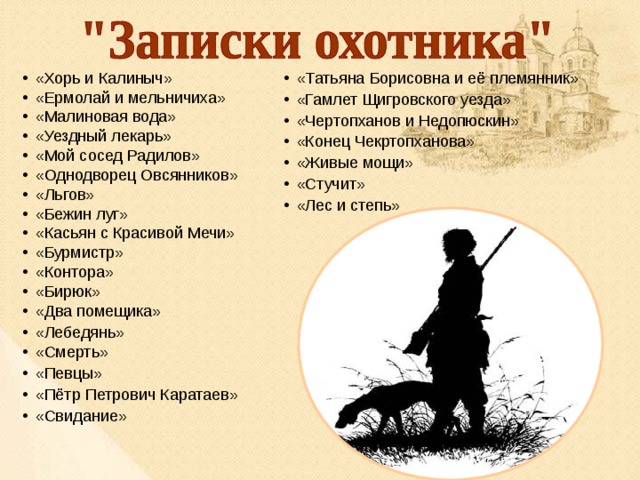 «Татьяна Борисовна и её племянник» «Гамлет Щигровского уезда» «Чертопханов и Недопюскин» «Конец Чекртопханова» «Живые мощи» «Стучит» «Лес и степь» «Хорь и Калиныч» «Ермолай и мельничиха» «Малиновая вода» «Уездный лекарь» «Мой сосед Радилов» «Однодворец Овсянников» «Льгов» «Бежин луг» «Касьян с Красивой Мечи» «Бурмистр» «Контора» «Бирюк» «Два помещика» «Лебедянь» «Смерть» «Певцы» «Пётр Петрович Каратаев» «Свидание»  