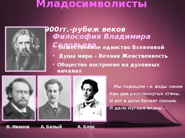  Младосимволисты   1900гг.-рубеж веков Философия Владимира Соловьева  божественное единство Вселенной  Душа мира – Вечная Женственность Общество построено на духовных началах  … Мы подошли –  и  воды синие Как две расплеснутых стены. И вот в дали белеет скиния, И дали мутные видны… В. Иванов А. Белый А. Блок  