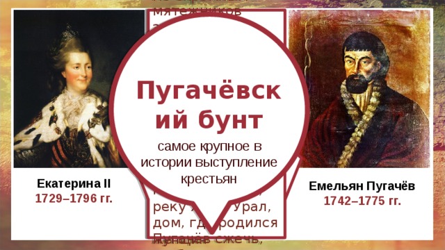 После поражения восстания мятежников забивали до смерти кнутами, рвали им ноздри, отрезали носы, вешали за рёбра. По скромным подсчетам за время бунта зверски казнено: Екатерина II велела переименовать станицу Зимовейскую в Потёмкинскую, реку Яик в Урал, дом, где родился Пугачёв сжечь, чтобы ничто не напоминало о бунте.  700 дворян, 135 разночинцев, 53 священника, 86 дьяконов, 35 купцов, 167 дворовых людей 108 крестьян. Людей рубили на куски и сдирали с живых кожу, женщин насиловали. Пугачёвский бунт самое крупное в истории выступление крестьян Екатерина II 1729–1796 гг. Емельян Пугачёв 1742–1775 гг. 