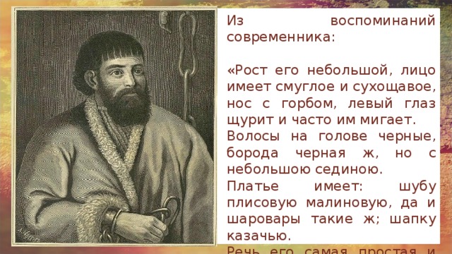 Из воспоминаний современника: «Рост его небольшой, лицо имеет смуглое и сухощавое, нос с горбом, левый глаз щурит и часто им мигает. Волосы на голове черные, борода черная ж, но с небольшою сединою. Платье имеет: шубу плисовую малиновую, да и шаровары такие ж; шапку казачью. Речь его самая простая и наречия донских казаков; грамоте или очень мало, или ничего не знает». 