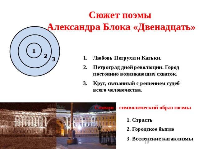 Сюжет поэмы Александра Блока «Двенадцать» 1 2 Любовь Петрухи и Катьки. Петроград дней революции. Город постоянно возникающих схваток. Круг, связанный с решением судеб всего человечества. 3 Стихия – символический образ поэмы 1. Страсть 2. Городское бытие 3. Вселенские катаклизмы 2/9/19 4 4 