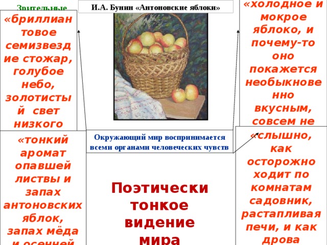 «холодное и мокрое яблоко, и почему-то оно покажется необыкновенно вкусным, совсем не таким, как другие» И.А. Бунин «Антоновские яблоки» Осязательные образы  Зрительные образы  «бриллиантовое семизвездие стожар, голубое небо, золотистый свет низкого солнца»  Звук «слышно, как осторожно ходит по комнатам садовник, растапливая печи, и как дрова трещат и стреляют»  Запах  Окружающий мир воспринимается всеми органами человеческих чувств  «тонкий аромат опавшей листвы и запах антоновских яблок, запах мёда и осенней свежести» Поэтически тонкое видение мира 