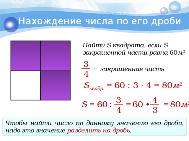 Нахождение числа по его дроби Найти S квадрата, если S закрашенной части равна 60 м 2 3 −  закрашенная часть 4 S квадр.  = 60 : 3 ∙ 4 = 80 м 2 3 4 S = 60  :  =  60  ∙ =  80 м 2 4 3 Чтобы найти число по данному значению его дроби, надо это значение разделить на дробь . 