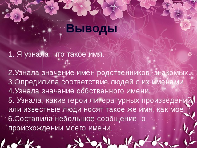 Выводы 1. Я узнала, что такое имя. 2.Узнала значение имён родственников, знакомых. 3.Опредилила соответствие людей с их именами. 4.Узнала значение собственного имени. 5. Узнала, какие герои литературных произведений или известные люди носят такое же имя, как мое. 6.Составила небольшое сообщение о происхождении моего имени. 