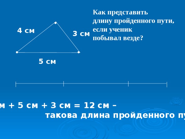 Как представить длину пройденного пути, если ученик побывал везде? • 4 см 3 см • • 5 см │ │ │ │ 4 см + 5 см + 3 см = 12 см –  такова длина пройденного пути 