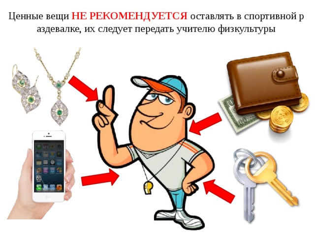 Ценные вещи НЕ РЕКОМЕНДУЕТСЯ оставлять в спортивной раздевалке, их следует передать учителю физкультуры 