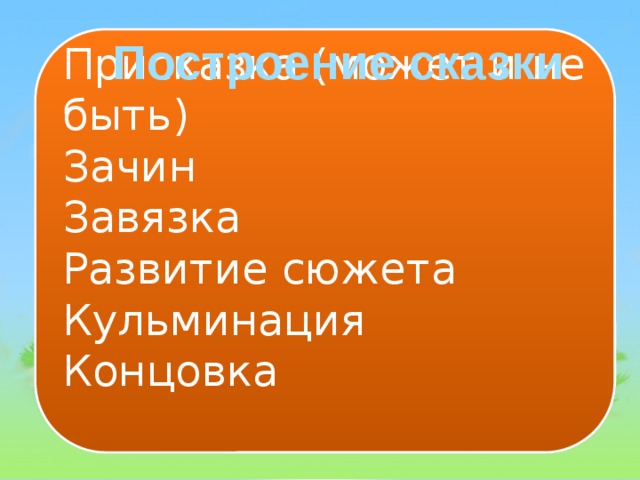 Построение сказки Присказка (может и не быть) Зачин Завязка Развитие сюжета Кульминация Концовка 