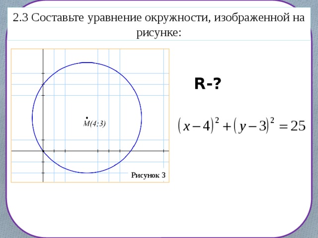 2.3 Составьте уравнение окружности, изображенной на рисунке: R-? Рисунок 3 