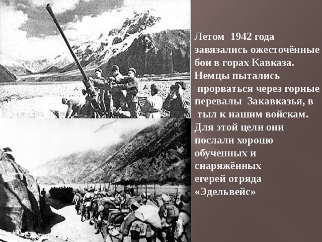 Летом 1942 года завязались ожесточённые бои в горах Кавказа. Немцы пытались  прорваться через горные перевалы Закавказья, в  тыл к нашим войскам. Для этой цели они послали хорошо обученных и снаряжённых егерей отряда «Эдельвейс»  