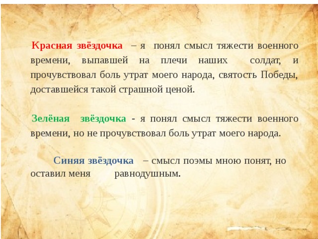  Красная звёздочка  – я понял смысл тяжести военного времени, выпавшей на плечи наших солдат, и прочувствовал боль утрат моего народа, святость Победы, доставшейся такой страшной ценой. Зелёная звёздочка - я понял смысл тяжести военного времени, но не прочувствовал боль утрат моего народа.  Синяя звёздочка  – смысл поэмы мною понят, но оставил меня равнодушным . 