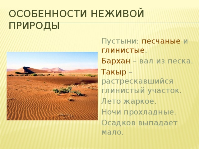 Особенности неживой природы  Пустыни: песчаные и глинистые .  Бархан – вал из песка.  Такыр – растрескавшийся глинистый участок.  Лето жаркое.  Ночи прохладные.  Осадков выпадает мало. 