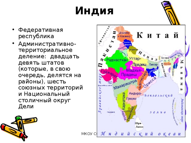 Индия Федеративная республика Административно-территориальное деление: двадцать девять штатов (которые, в свою очередь, делятся на районы), шесть союзных территорий и Национальный столичный округ Дели МКОУ СОШ д. Васькино 