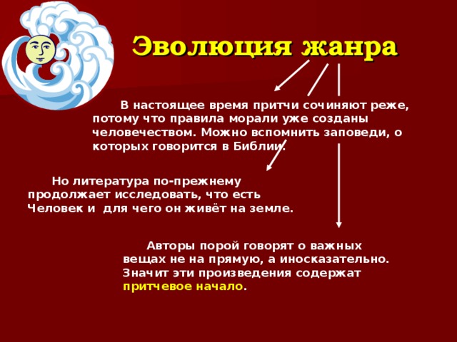Эволюция жанра  В настоящее время притчи сочиняют реже, потому что правила морали уже созданы человечеством. Можно вспомнить заповеди, о которых говорится в Библии.  Но литература по-прежнему продолжает исследовать, что есть Человек и для чего он живёт на земле.   Авторы порой говорят о важных вещах не на прямую, а иносказательно. Значит эти произведения содержат притчевое начало .