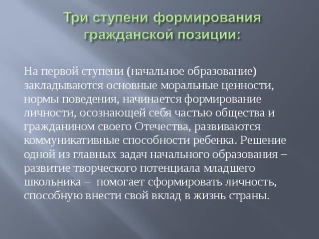 На первой ступени (начальное образование) закладываются основные моральные ценности, нормы поведения, начинается формирование личности, осознающей себя частью общества и гражданином своего Отечества, развиваются коммуникативные способности ребенка. Решение одной из главных задач начального образования – развитие творческого потенциала младшего школьника – помогает сформировать личность, способную внести свой вклад в жизнь страны.