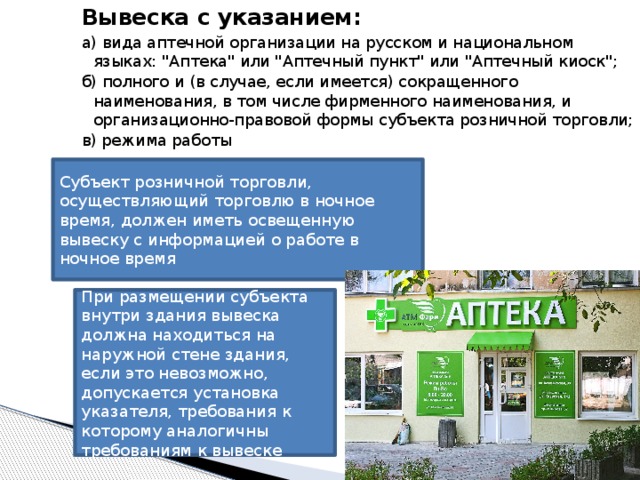 Вывеска с указанием: а) вида аптечной организации на русском и национальном языках: 
