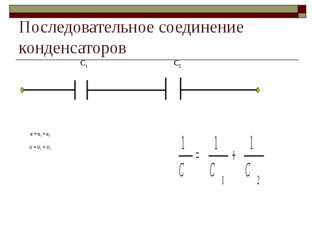 Последовательное соединение конденсаторов С 2 С 1  q = q 1 = q 2   U = U 1 + U 2  
