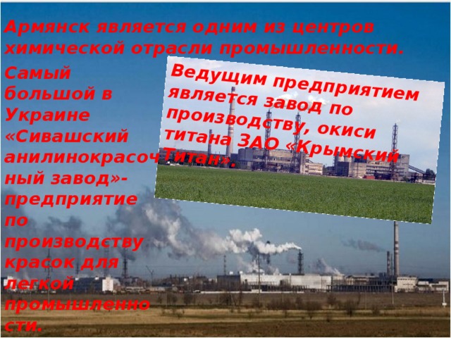 Ведущим предприятием является завод по производству, окиси титана ЗАО «Крымский Титан». Армянск является одним из центров химической отрасли промышленности. Самый большой в Украине «Сивашский анилинокрасочный завод»- предприятие по производству красок для легкой промышленности.   