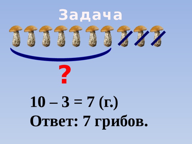 Задача ? 10 – 3 = 7 (г.) Ответ: 7 грибов.