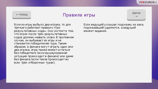 Далее → ← Назад Правила игры Если из игры выбыло два игрока, то для третьего работает правило «Три результативных хода». Оно состоит в том, что игрок после трёх результативных ходов должен назвать слово. В противном случае, он выбывает из игры и не становится победителем тура. Таким образом, в финале могут играть один или два игрока; игра также может остаться без победителя (если вышеуказанная ситуация происходит в финале) или даже без финала (если такое происходит во всех трёх отборочных турах). Если ведущий услышал подсказку из зала, подсказавший удаляется, а ведущий меняет задание. 