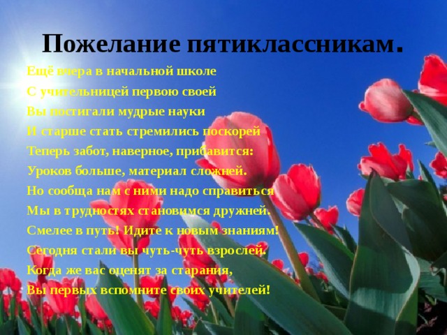 Пожелание пятиклассникам . Ещё вчера в начальной школе С учительницей первою своей Вы постигали мудрые науки И старше стать стремились поскорей Теперь забот, наверное, прибавится: Уроков больше, материал сложней. Но сообща нам с ними надо справиться Мы в трудностях становимся дружней. Смелее в путь! Идите к новым знаниям! Сегодня стали вы чуть-чуть взрослей. Когда же вас оценят за старания, Вы первых вспомните своих учителей! 