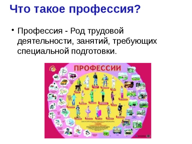 Что такое профессия? Профессия - Род трудовой деятельности, занятий, требующих специальной подготовки.    