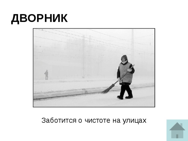 ДВОРНИК Заботится о чистоте на улицах 