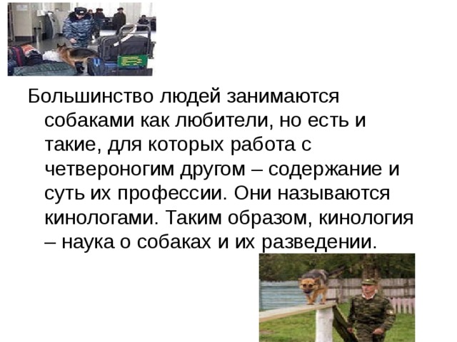 Кинолог Большинство людей занимаются собаками как любители, но есть и такие, для которых работа с четвероногим другом – содержание и суть их профессии. Они называются кинологами. Таким образом, кинология – наука о собаках и их разведении.   