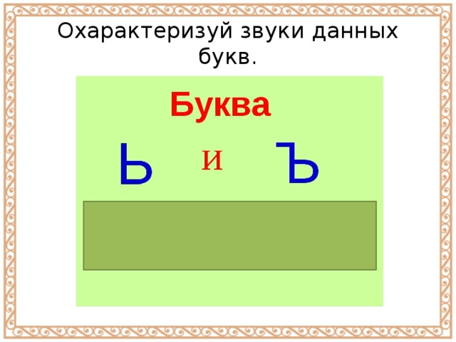 Охарактеризуй звуки данных букв. 