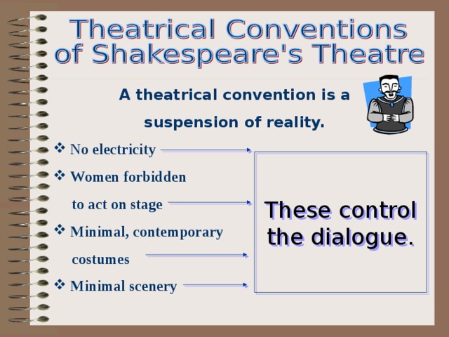 A theatrical convention is a suspension of reality.  No electricity  Women forbidden  to act on stage  Minimal, contemporary  costumes  Minimal scenery These control the dialogue. 