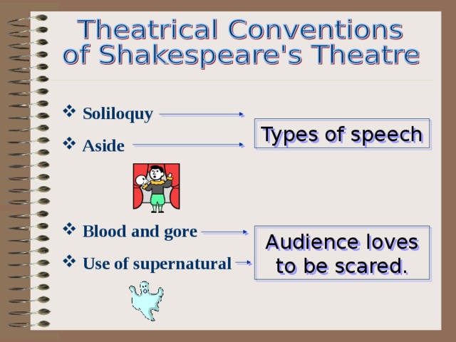  Soliloquy  Aside Types of speech  Blood and gore  Use of supernatural Audience loves to be scared. 