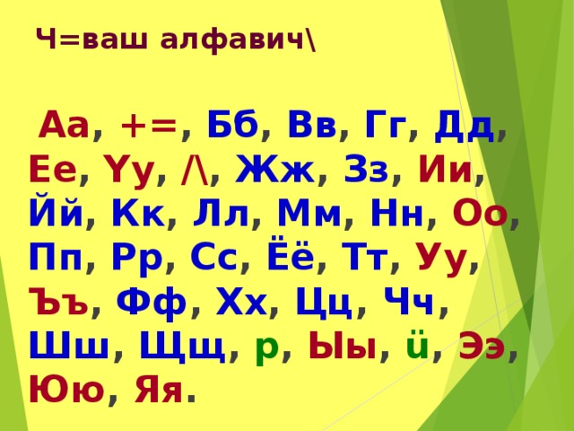 Ч=ваш алфавич\  Аа , += , Бб , Вв , Гг , Дд , Ее , Yy , /\ , Жж , Зз , Ии , Йй , Кк , Лл , Мм , Нн , Оо , Пп , Рр , Сс , Ёё , Тт , Уу , Ъъ , Фф , Хх , Цц , Чч , Шш , Щщ , p , Ыы , ü , Ээ , Юю , Яя . 