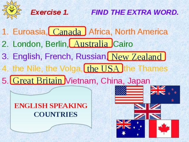 Exercise 1. FIND THE EXTRA WORD. Euroasia, Canada, Africa, North America London, Berlin, Australia, Cairo English, French, Russian, New Zealand the Nile, the Volga, the USA, the Thames 5. Great Britain, Vietnam, China, Japan Canada Australia New Zealand the USA Great Britain ENGLISH SPEAKING COUNTRIES 