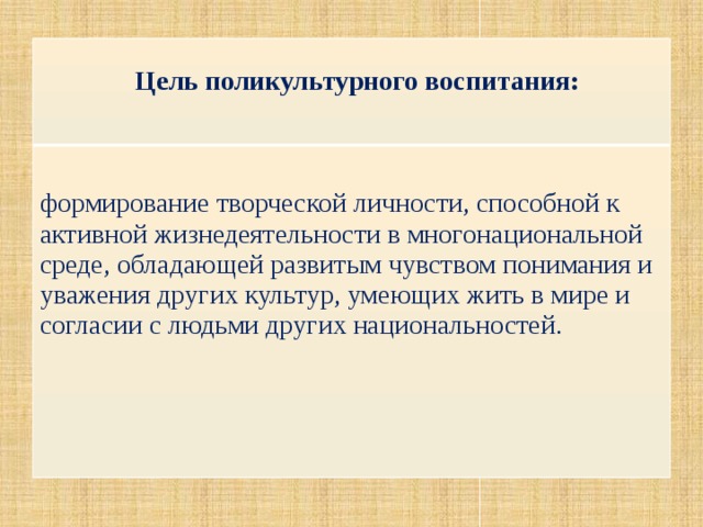    Цель поликультурного воспитания: формирование творческой личности, способной к активной жизнедеятельности в многонациональной среде, обладающей развитым чувством понимания и уважения других культур, умеющих жить в мире и согласии с людьми других национальностей. 