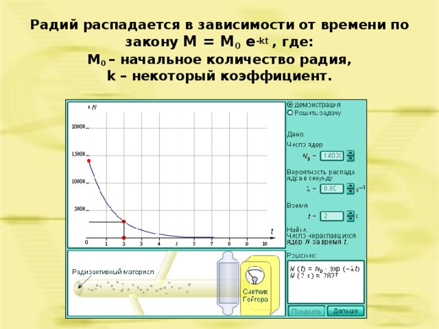 Радий распадается в зависимости от времени по закону М = М 0 e -kt , где:  М 0 – начальное количество радия,  k – некоторый коэффициент.