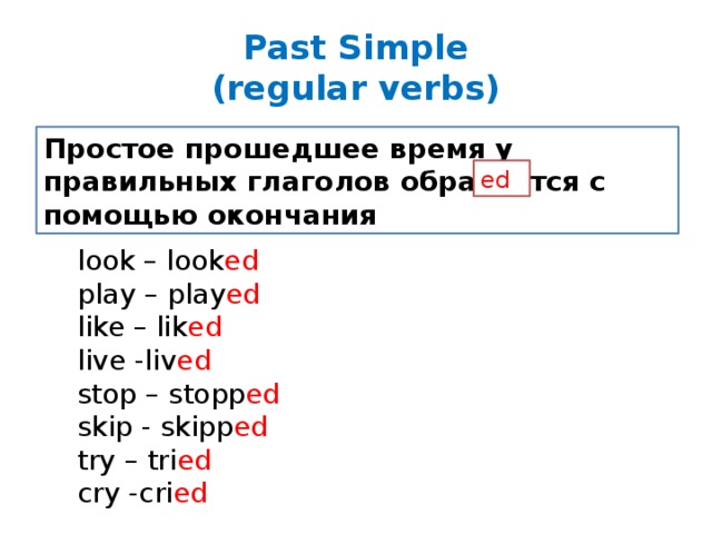 Past Simple  (regular verbs) Простое прошедшее время у правильных глаголов образуется с помощью окончания ed look – look ed play – play ed like – lik ed live -liv ed stop – stopp ed skip - skipp ed try – tri ed cry -cri ed 