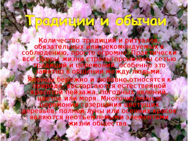   Количество традиций и ритуалов, обязательных или рекомендуемых к соблюдению, просто огромно. Практически все сферы жизни страны пронизаны сетью традиций и церемоний, особенно это заметно в общении между людьми.   Японцы бережно и любовно относятся к природе, восторгаются естественной красотой пейзажа, погодных явлений, цветов или моря. Многочисленные церемонии созерцания цветущих деревьев, полной луны или осенних красок являются неотъемлемыми элементами жизни общества. 