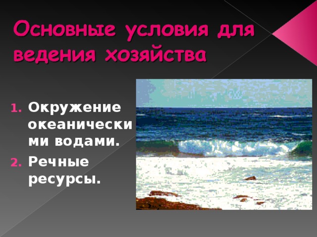 Окружение океаническими водами. Речные ресурсы.    