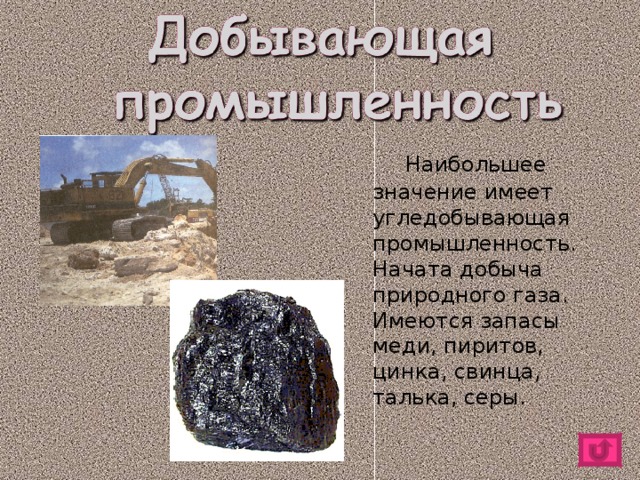   Наибольшее значение имеет угледобывающая промышленность. Начата добыча природного газа. Имеются запасы меди, пиритов, цинка, свинца, талька, серы. 