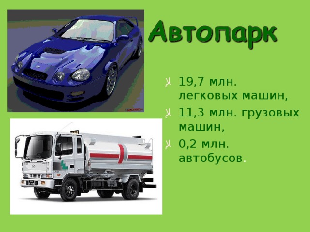19,7 млн. легковых машин, 11,3 млн. грузовых машин, 0,2 млн. автобусов . 