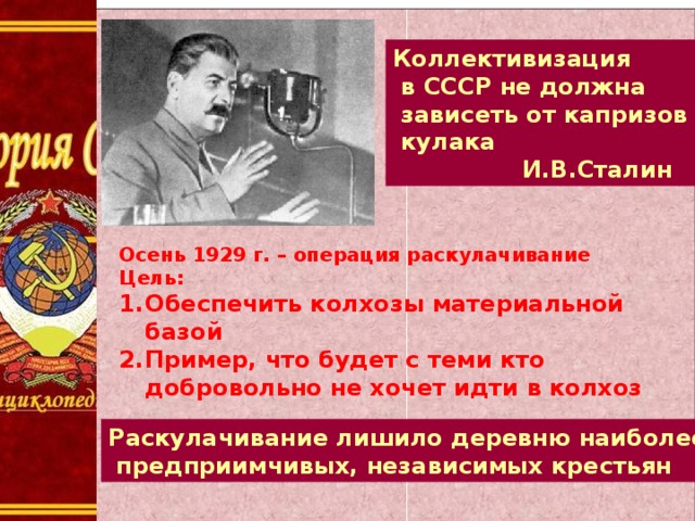 Коллективизация  в СССР не должна  зависеть от капризов  кулака  И.В.Сталин Осень 1929 г. – операция раскулачивание Цель: Обеспечить колхозы материальной базой Пример, что будет с теми кто добровольно не хочет идти в колхоз Раскулачивание лишило деревню наиболее  предприимчивых, независимых крестьян 