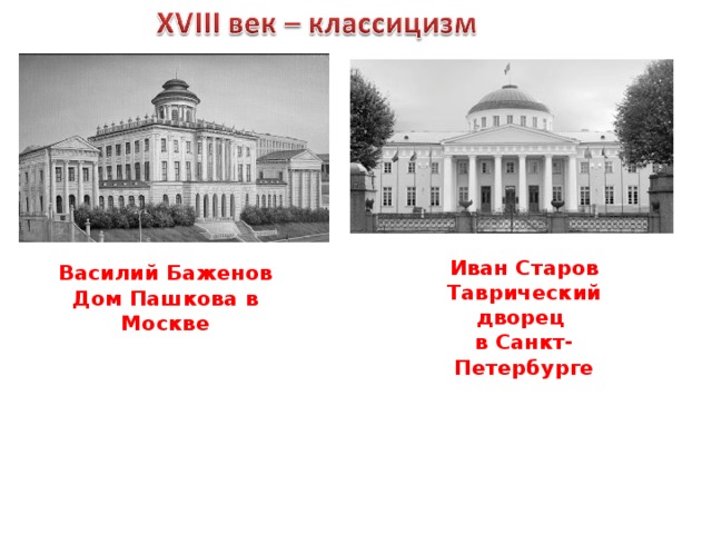 Иван Старов Таврический дворец в Санкт-Петербурге Василий Баженов Дом Пашкова в Москве 