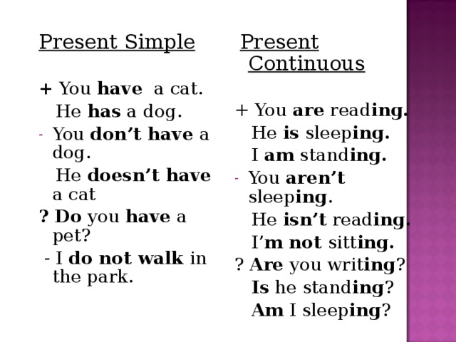  Present Continuous + You are read ing.  He is sleep ing.  I am stand ing. You aren’t sleep ing .  He isn’t read ing.  I’ m not sitt ing. ? Are you writ ing ?  Is he stand ing ?  Am I sleep ing ? Present Simple + You have a cat.  He has a dog. You don’t have a dog.  He doesn’t have a cat ?  Do you have a pet?  - I  do not walk  in the park. 