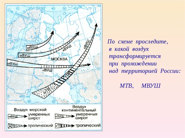 По схеме проследите,  в какой воздух  трансформируется  при прохождении  над территорией России:  МТВ, МВУШ 