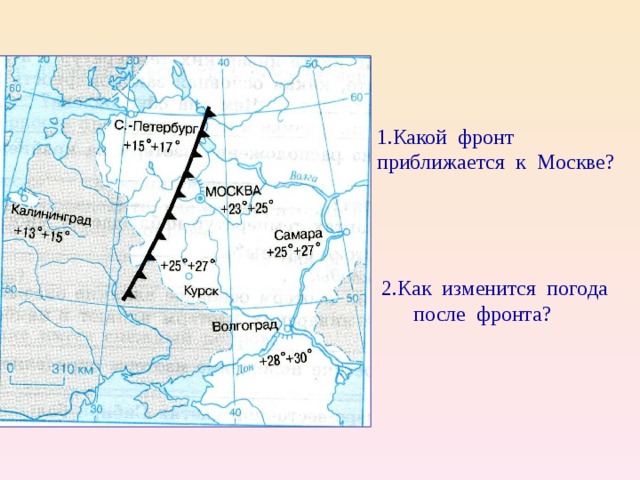 1.Какой фронт приближается к Москве? 2.Как изменится погода после фронта? 